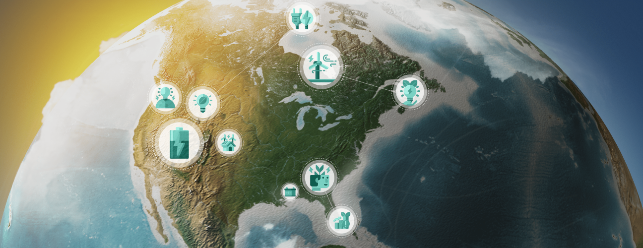 3D render of the earth with environemntal and ESG concept icons scattered throughout the Americas
