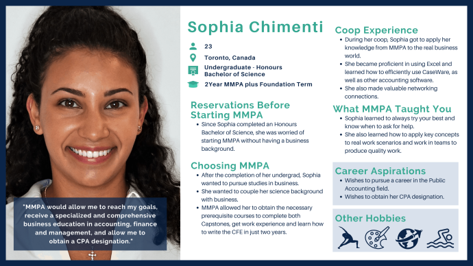 Sophia Chementi. MMPA Class of 2021, 2 Year + Foundation Term Undergraduate Honours Bachelor of Science