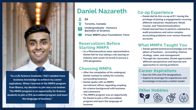 Daniel Nazareth. MMPA Class of 2022, 2 Year + Foundation Term Undergraduate Honours Bachelor of Science. Student Persona Card