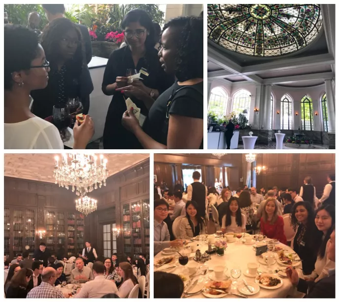 Collage of students attending the MMPA Casa Loma event. First image of students mingling during cocktail hour, second picture a room picture of Casa Lomas atrium room, third picture overviewing all students and staff enjoying dinner, fourth picture showing a table at dinner of both students and alumni posing for picture.
