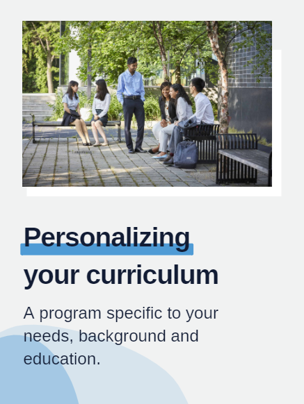 Rectangle box with an image of MMPA students standing and sitting together. "Personalizing your cirruculum. A program specific to your needs, background, and education"