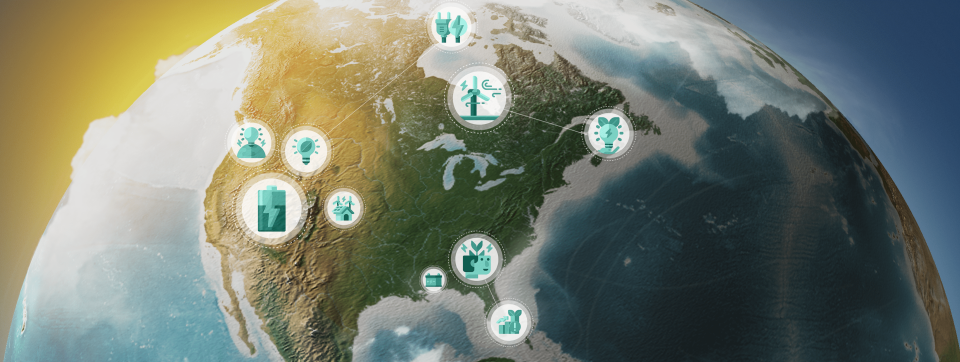 3D model of the earth with esg and sustainability concept icons around various locaitons of north america