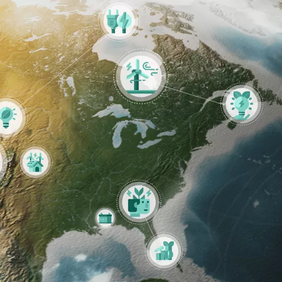3D render of the earth with environemntal and ESG concept icons scattered throughout the Americas